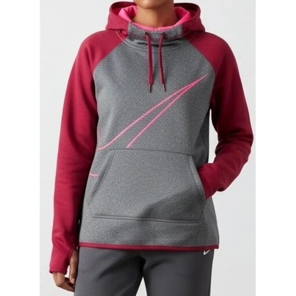 Nike Dri-FIT Hoodie Womens XS Grey Maroon Pink Swoosh Pullover Sweatshirt